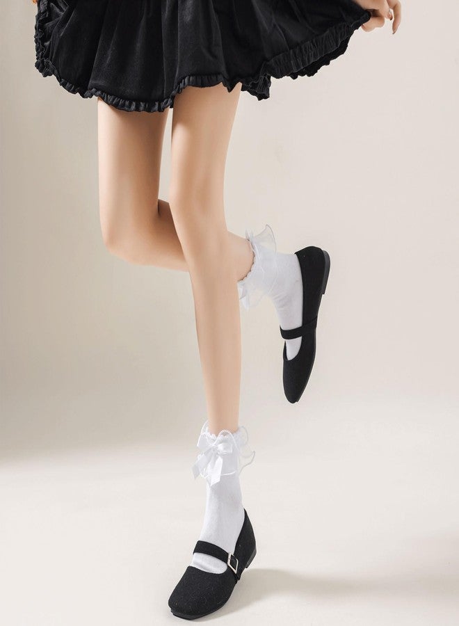 AMHRLINGTO Lace Ruffle Frilly Socks for Women, Comfortable Cotton Cute Lace Ankle Socks with Bow (US, Numeric, 5, 9, Regular, Regular, White-1 Pairs) - Image 5